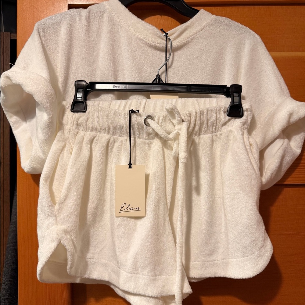 Elan Cream Terry Set Shorts and Crop Pullover - Picture 2 of 3